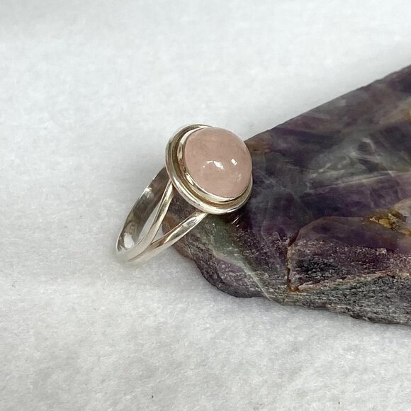 Sterling Silver 925 Round Pink Rose Quartz Cabochon Split Shank Ring Size 8.5 - Picture 6 of 16